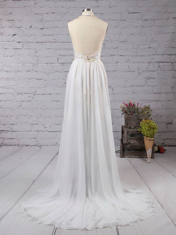 A-line Halter Chiffon Sweep Train Beading Prom Dress