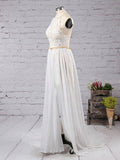 A-line Halter Chiffon Sweep Train Beading Prom Dress