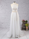 A-line Halter Chiffon Sweep Train Beading Prom Dress