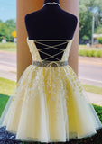 A-Line Halter Sleeveless Lace Tulle Short/Mini Homecoming Dress with Beading - 27Dress