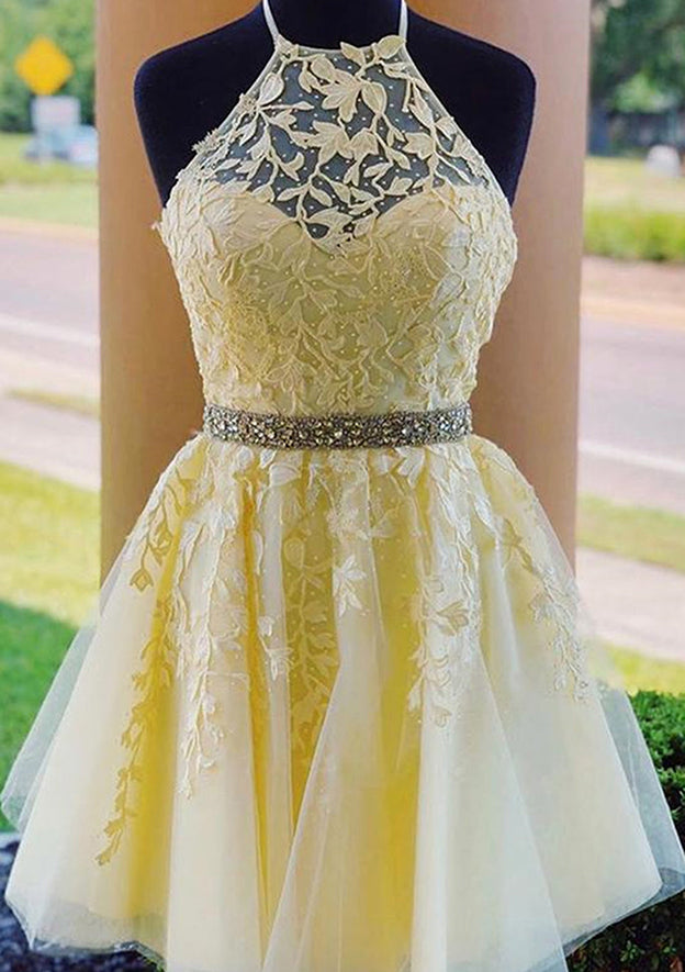 A-Line Halter Sleeveless Lace Tulle Short/Mini Homecoming Dress with Beading - 27Dress