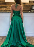 A-Line Halter Sleeveless Satin Prom Dress with Pockets & Sweep Train-27dress