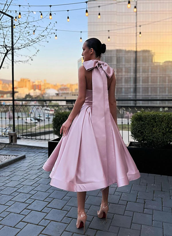 A-Line Halter Sleeveless Satin Tea-Length Prom Dress with Bow(s)-27dress