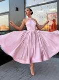 A-Line Halter Sleeveless Satin Tea-Length Prom Dress with Bow(s)-27dress