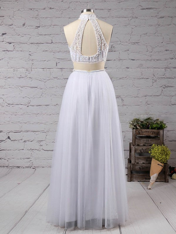 A-line High Neck Beaded Tulle Prom Dress for Floor-length Glamour