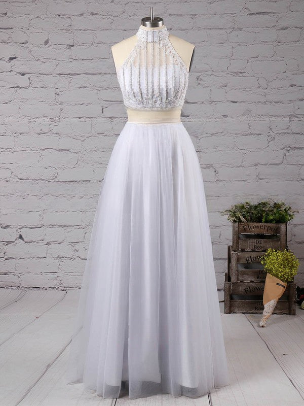 A-line High Neck Beaded Tulle Prom Dress for Floor-length Glamour