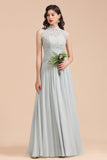 A-line High Neck Lace Chiffon Long Bridesmaid Dress-27Dress