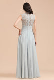 A-line High Neck Lace Chiffon Long Bridesmaid Dress-27Dress