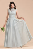 A-line High Neck Lace Chiffon Long Bridesmaid Dress-27Dress