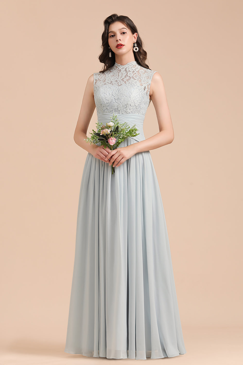 A-line High Neck Lace Chiffon Long Bridesmaid Dress-27Dress