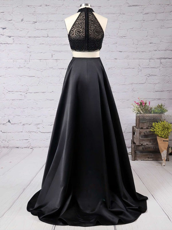 A-line High Neck Satin Sweep Train Beading Prom Dress