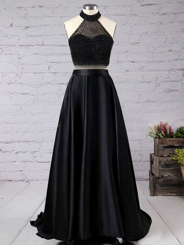 A-line High Neck Satin Sweep Train Beading Prom Dress