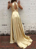 A-line High Neck Silk-like Satin Prom Dresses with Beadings and Sweep Train