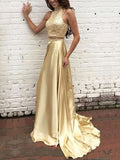 A-line High Neck Silk-like Satin Prom Dresses with Beadings and Sweep Train