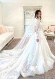 A-line High Neck Tulle Appliques Lace Wedding Dresses with Long Sleeves-27dress