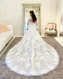 A-line High Neck Tulle Appliques Lace Wedding Dresses with Long Sleeves-27dress