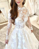 A-line High Neck Tulle Appliques Lace Wedding Dresses with Long Sleeves-27dress