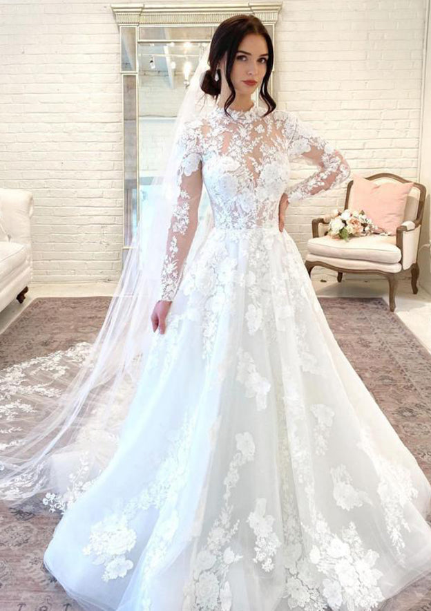 A-line High Neck Tulle Appliques Lace Wedding Dresses with Long Sleeves-27dress