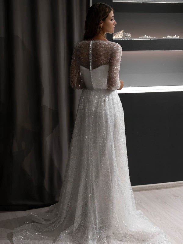 A-line Illusion Glitter Sweep Train Wedding Dress