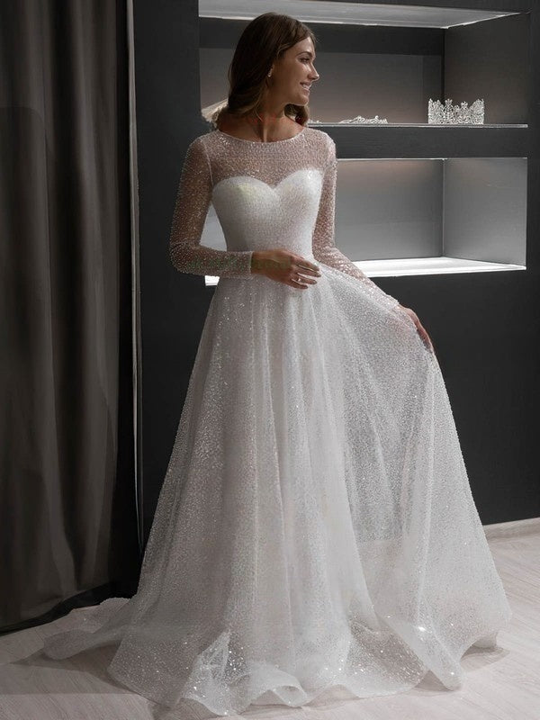 A-line Illusion Glitter Sweep Train Wedding Dress