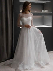 A-line Illusion Glitter Sweep Train Wedding Dress