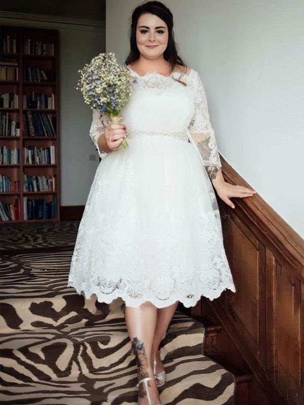 A-Line Illusion Lace Tea-Length Wedding Dress With Sashes / Ribbons