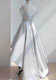 A-Line Illusion Neck Satin Asymmetrical Homecoming Dress with Appliqued Waistband - 27Dress