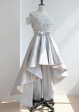 A-Line Illusion Neck Satin Asymmetrical Homecoming Dress with Appliqued Waistband - 27Dress