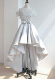 A-Line Illusion Neck Satin Asymmetrical Homecoming Dress with Appliqued Waistband - 27Dress