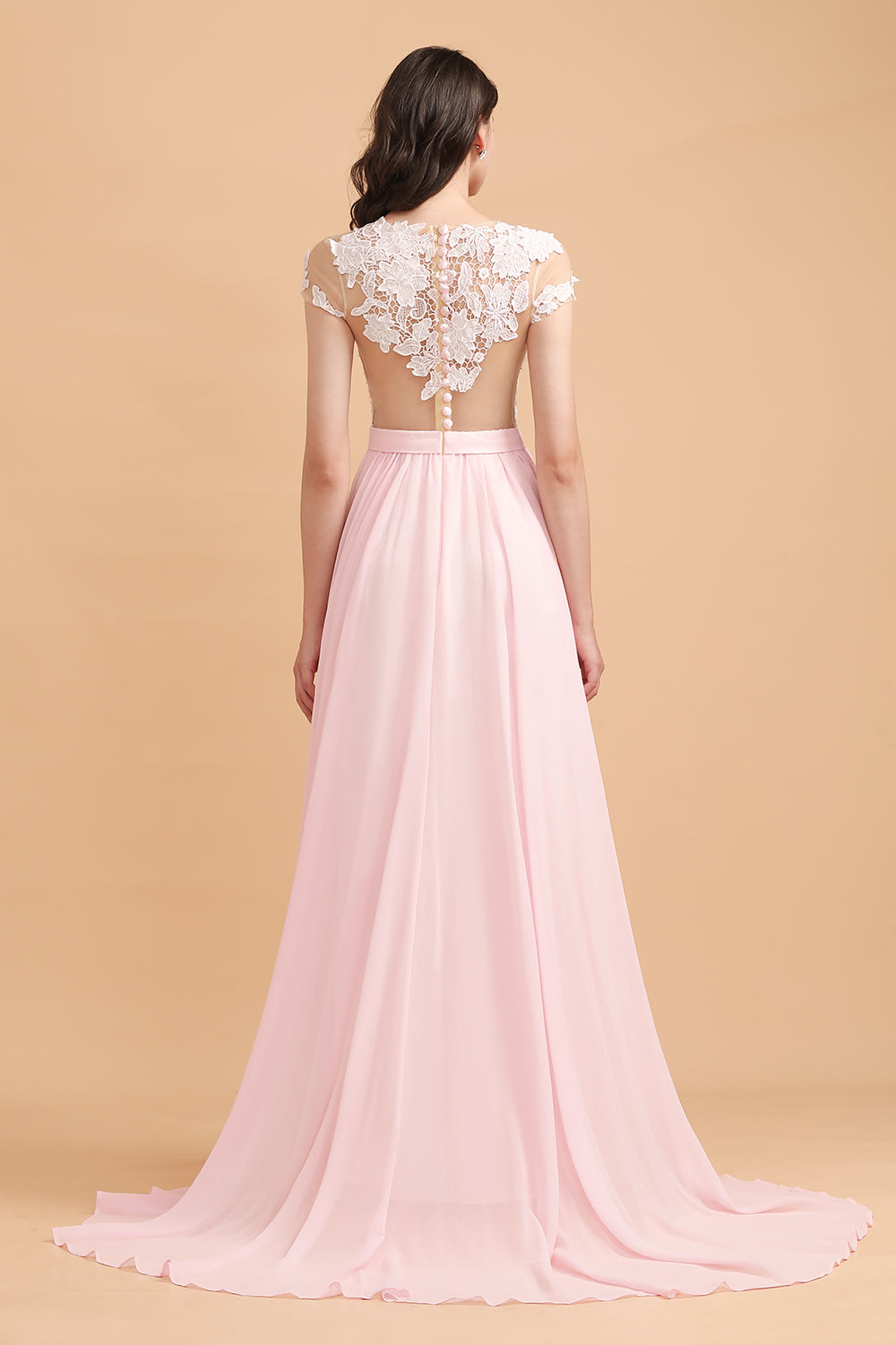 A-Line Jewel Chiffon Lace Ruffles Bridesmaid Dress with Slit-27dress