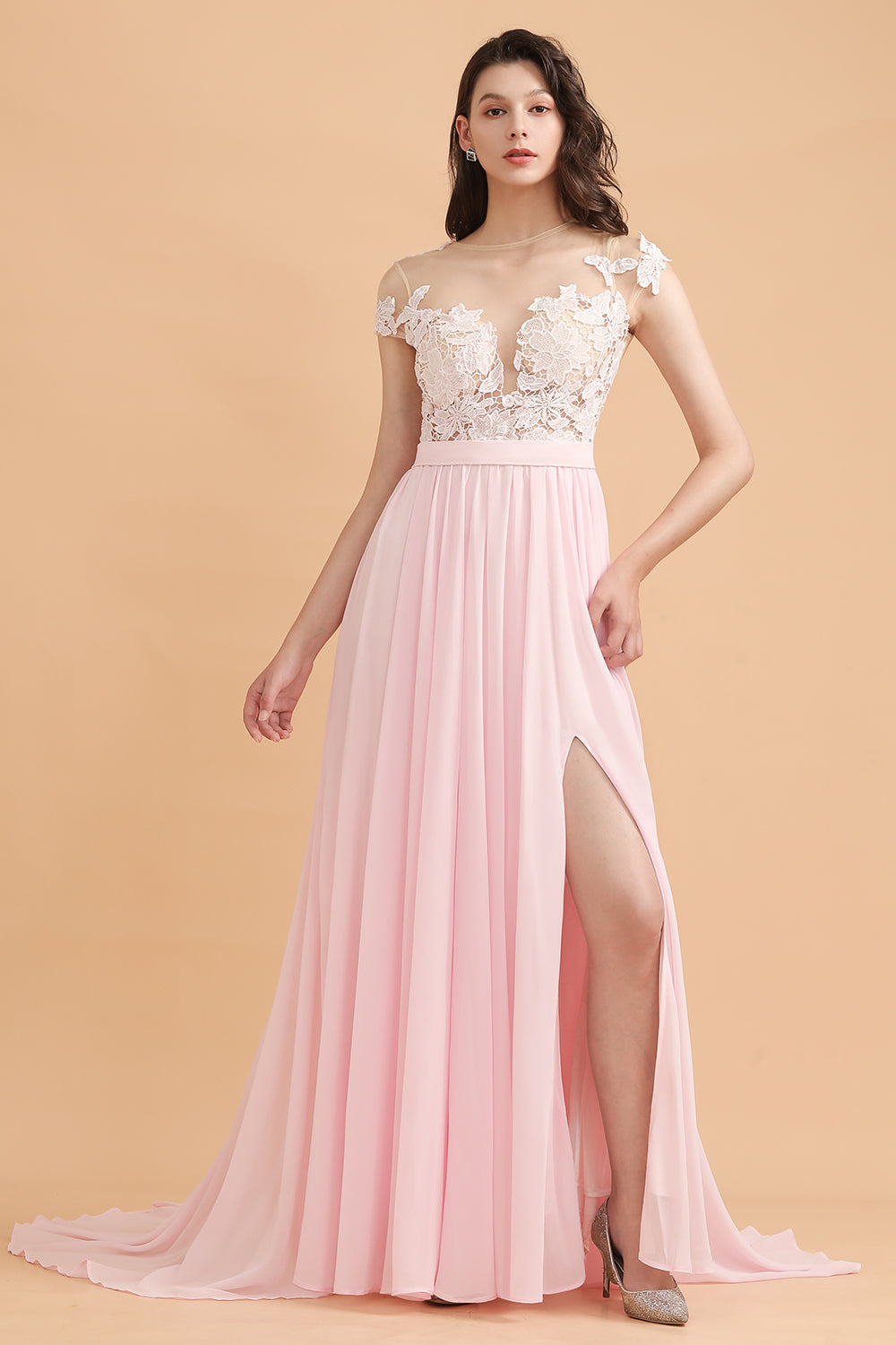 A-Line Jewel Chiffon Lace Ruffles Bridesmaid Dress with Slit-27dress