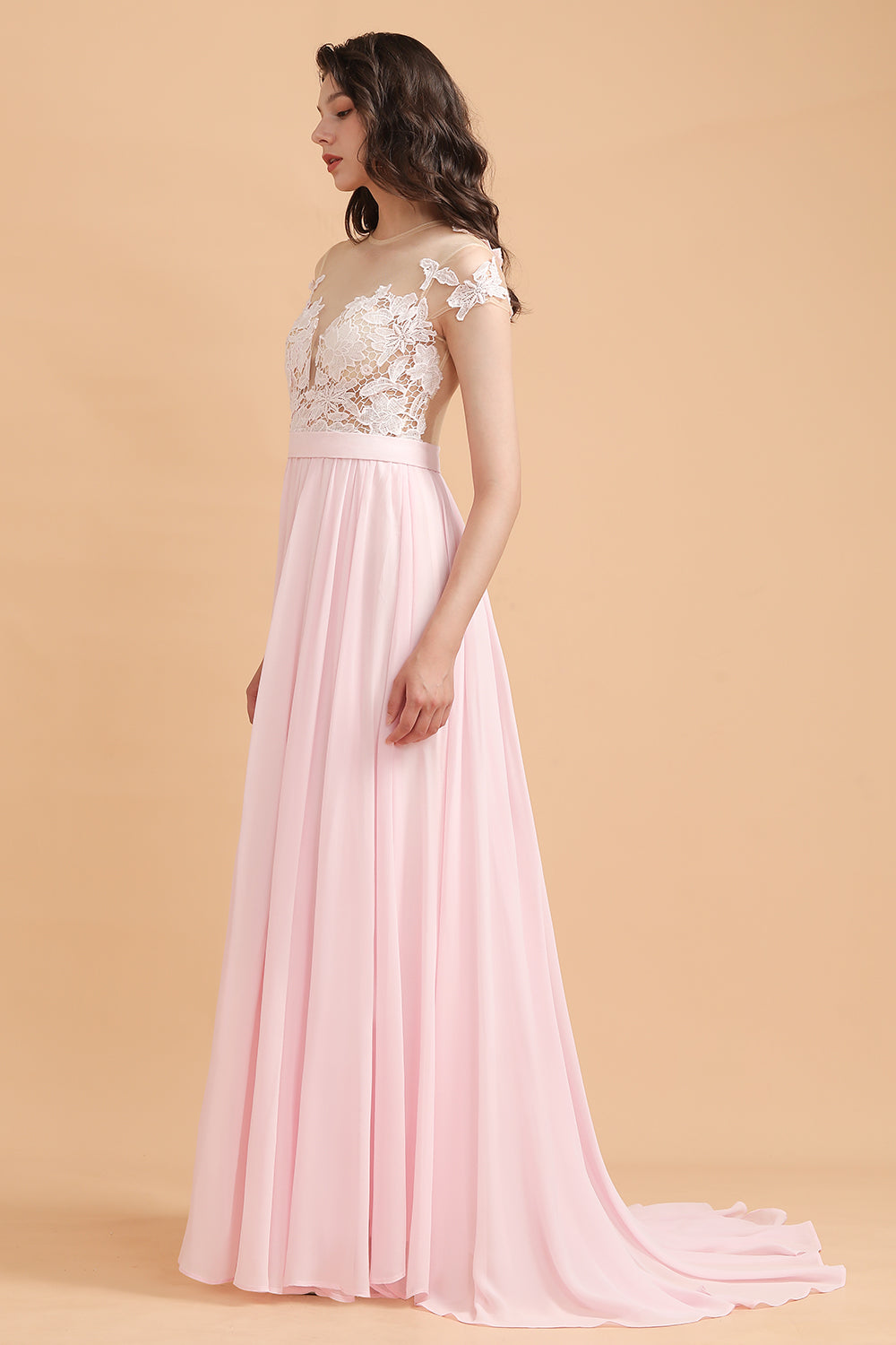 A-Line Jewel Chiffon Lace Ruffles Bridesmaid Dress with Slit-27dress