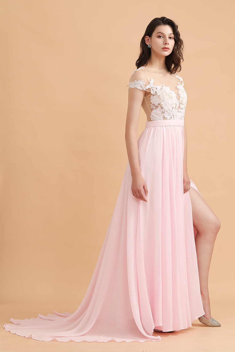 A-Line Jewel Chiffon Lace Ruffles Bridesmaid Dress with Slit-27dress