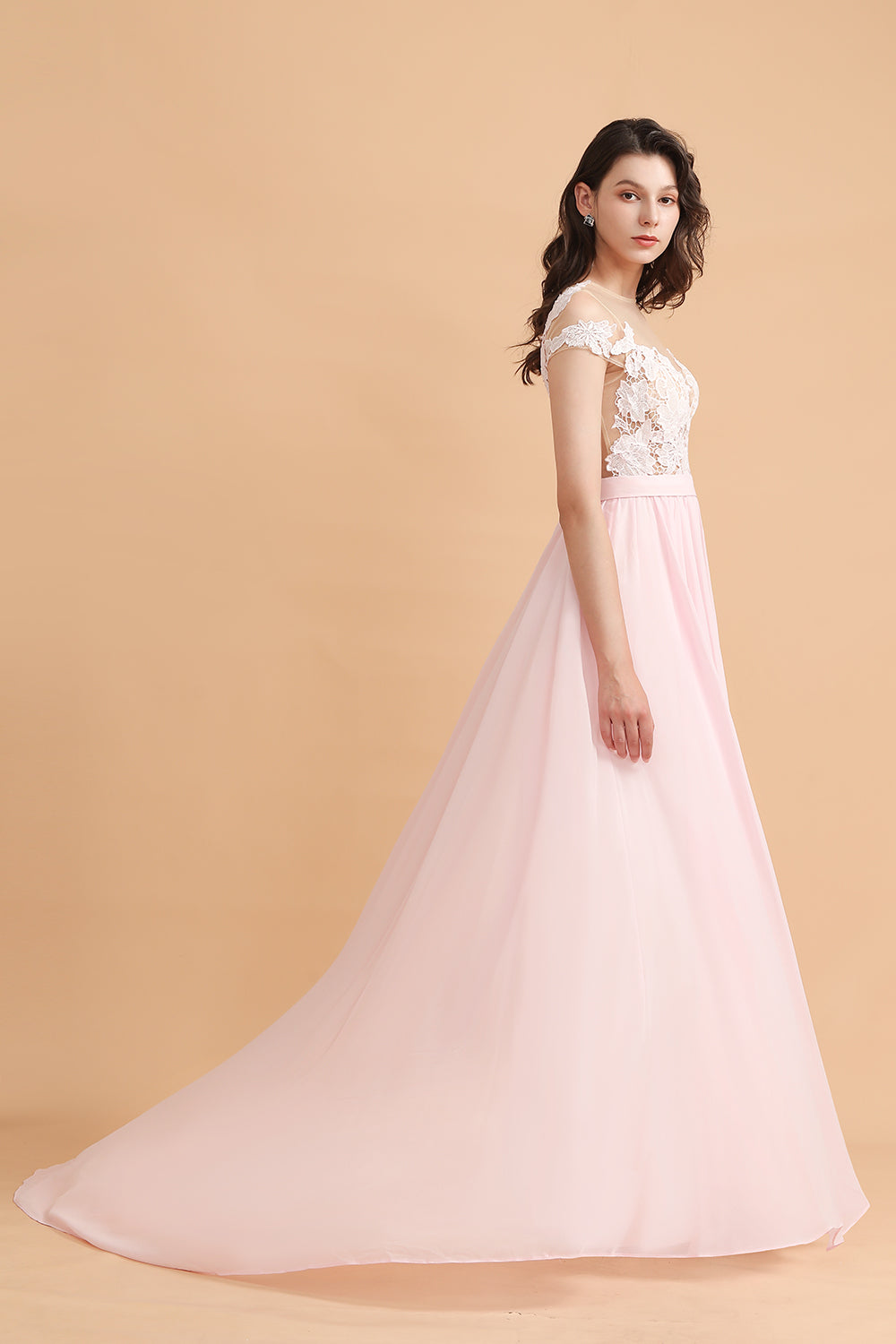 A-Line Jewel Chiffon Lace Ruffles Bridesmaid Dress with Slit-27dress