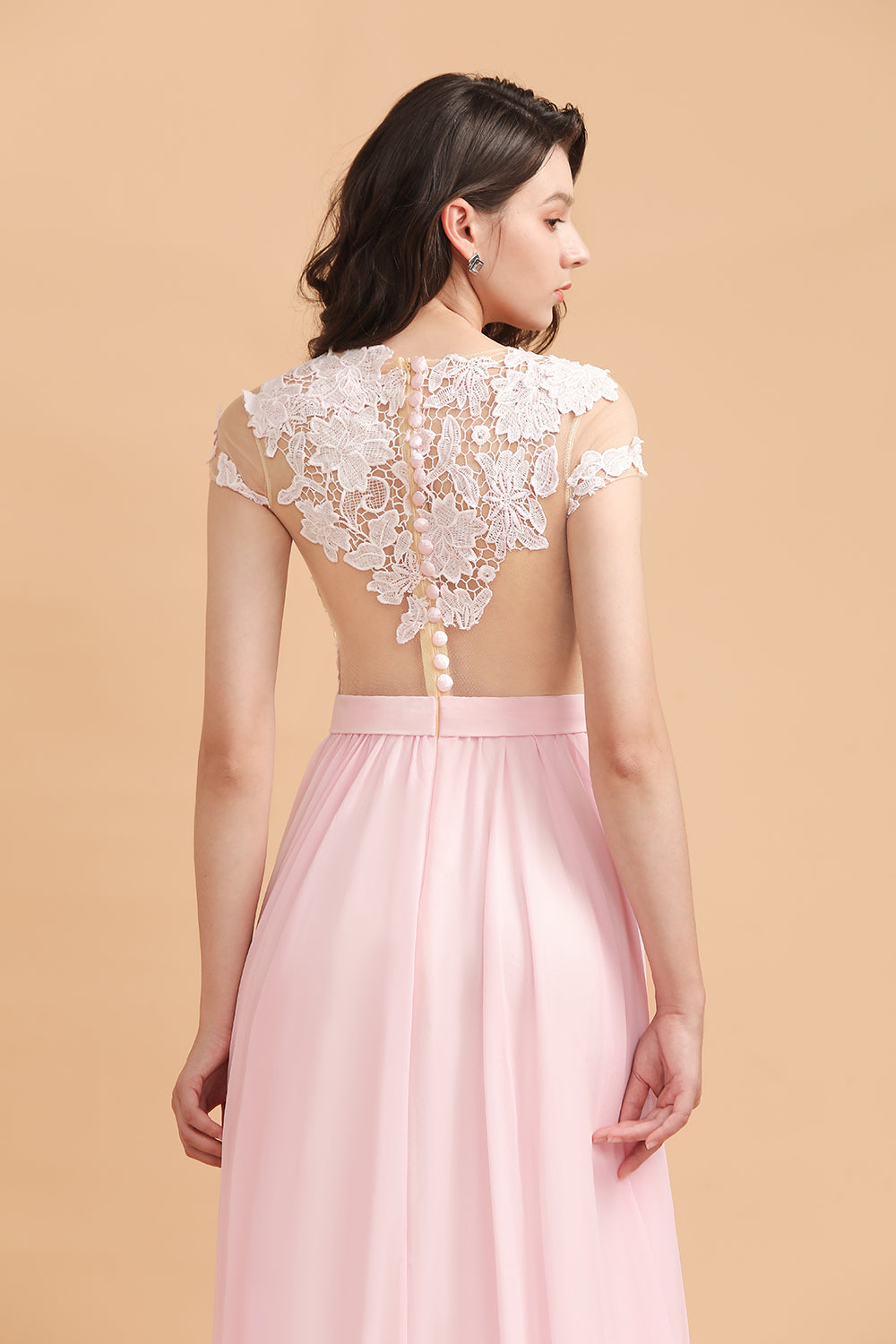 A-Line Jewel Chiffon Lace Ruffles Bridesmaid Dress with Slit-27dress