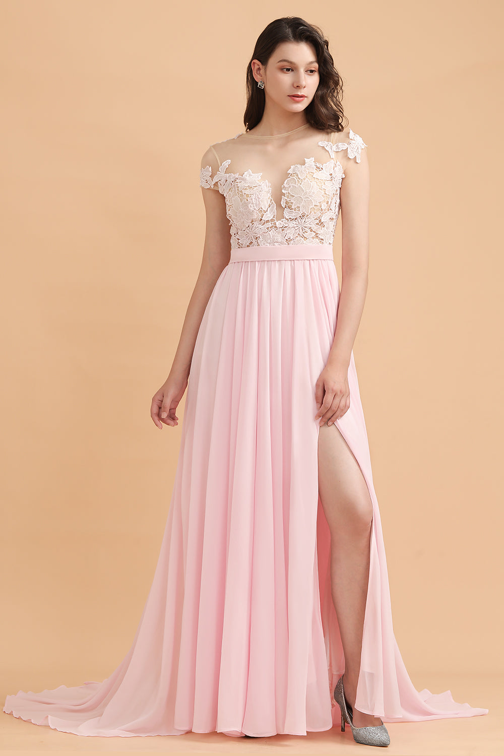 A-Line Jewel Chiffon Lace Ruffles Bridesmaid Dress with Slit-27dress