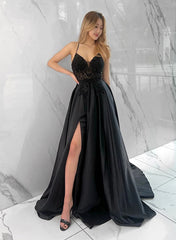 A-Line Lace Satin Prom Dress with Split Front-27dress