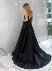 A-Line Lace Satin Prom Dress with Split Front-27dress