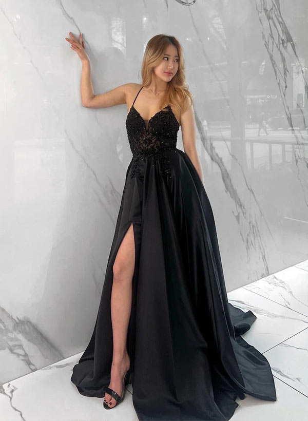 A-Line Lace Satin Prom Dress with Split Front-27dress