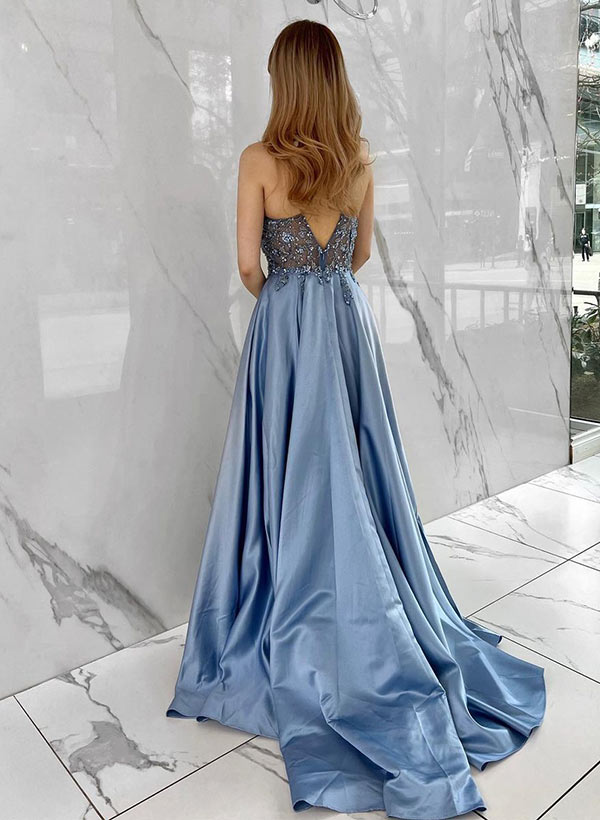 A-Line Lace Satin Sleeveless Prom Dress-27dress