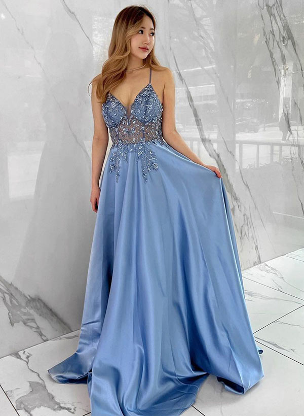 A-Line Lace Satin Sleeveless Prom Dress-27dress