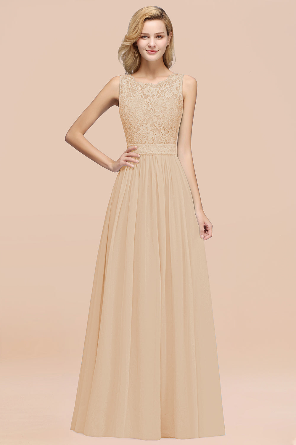 A-Line Lace Scalloped Chiffon Long Bridesmaid Dress with Ruffles-27Dress