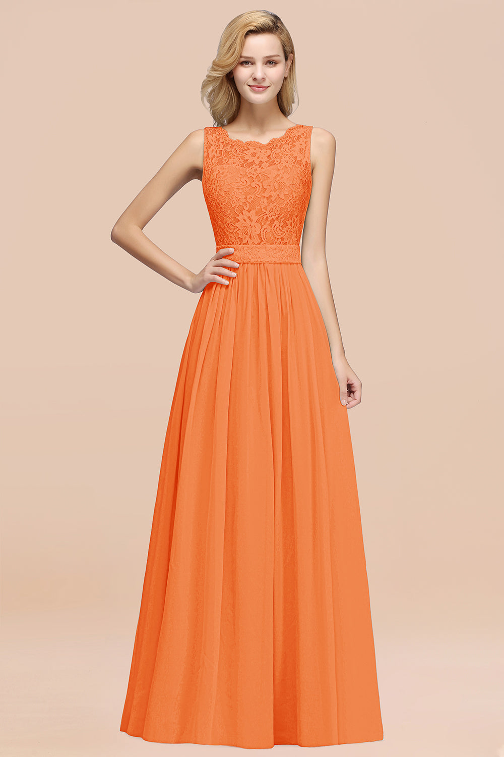 A-Line Lace Scalloped Chiffon Long Bridesmaid Dress with Ruffles-27Dress