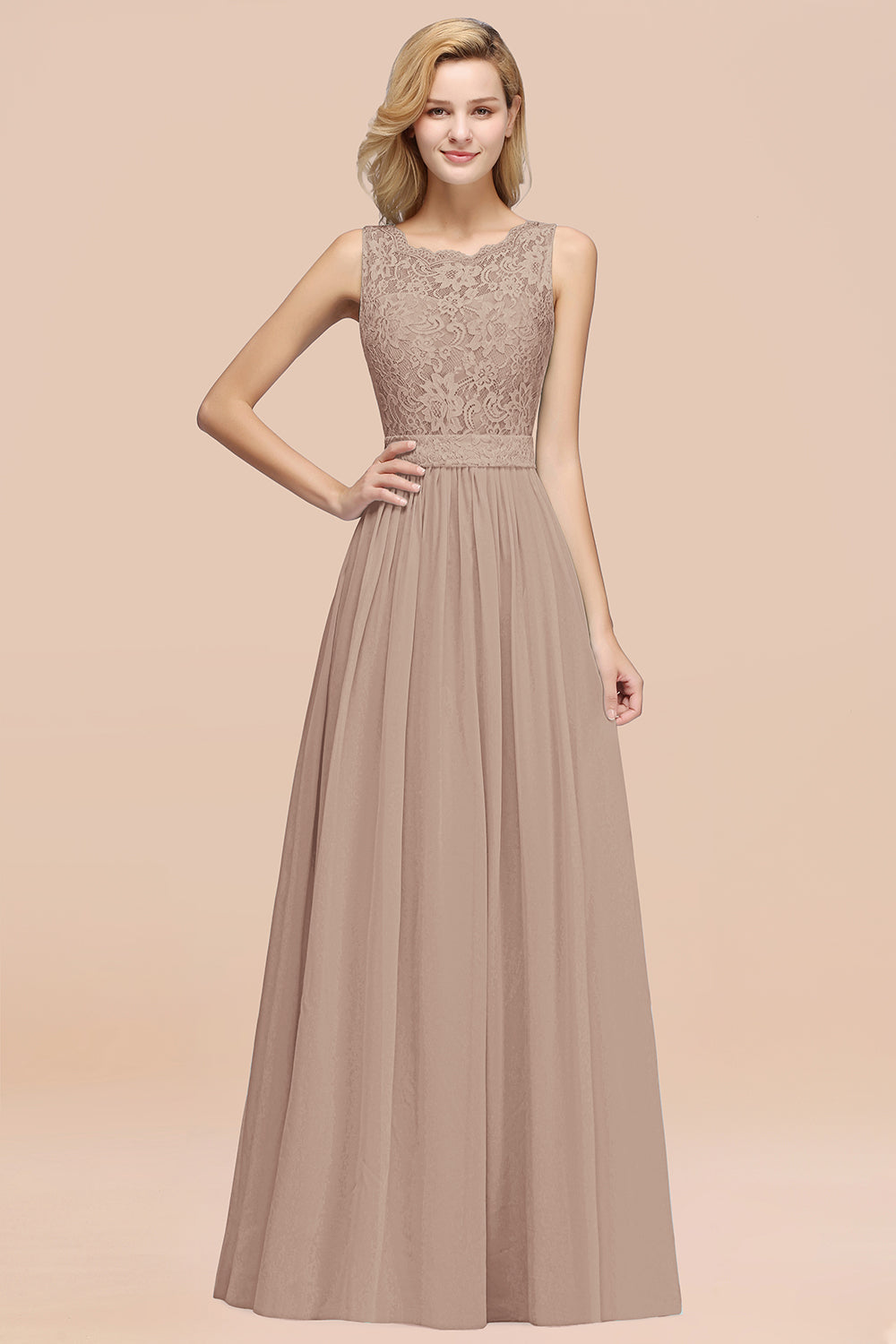 A-Line Lace Scalloped Chiffon Long Bridesmaid Dress with Ruffles-27Dress