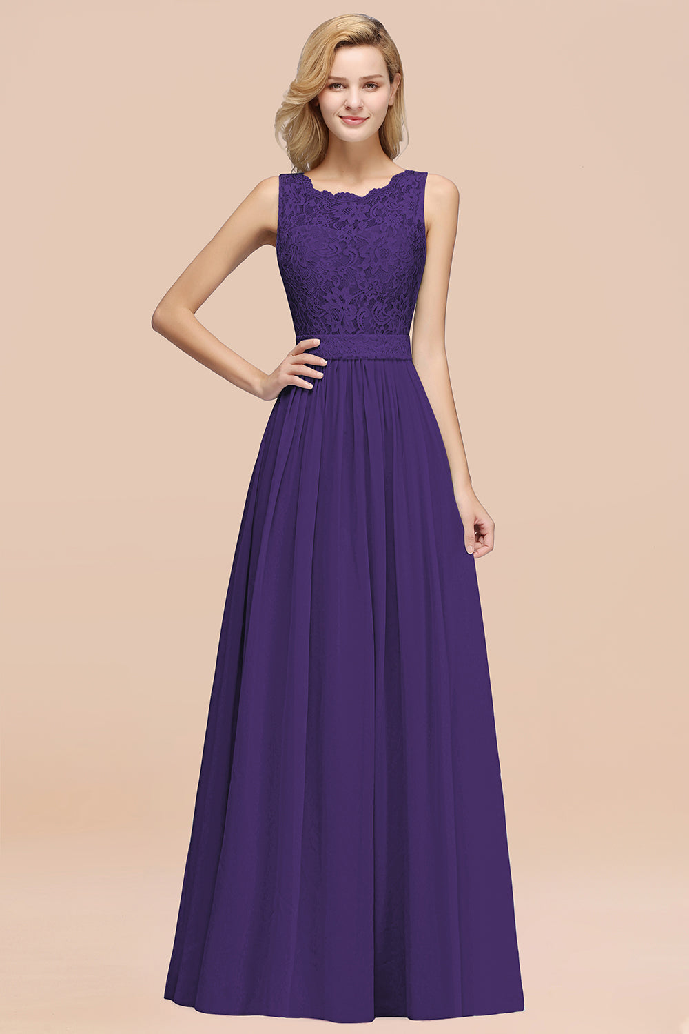 A-Line Lace Scalloped Chiffon Long Bridesmaid Dress with Ruffles-27Dress