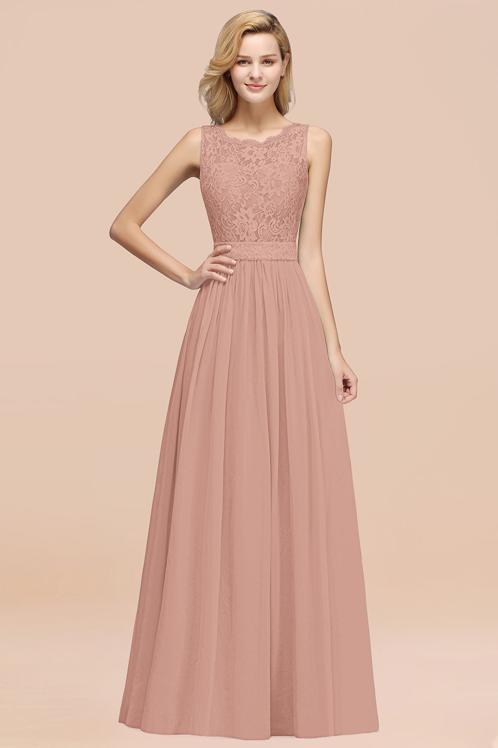 A-Line Lace Scalloped Chiffon Long Bridesmaid Dress with Ruffles-27Dress