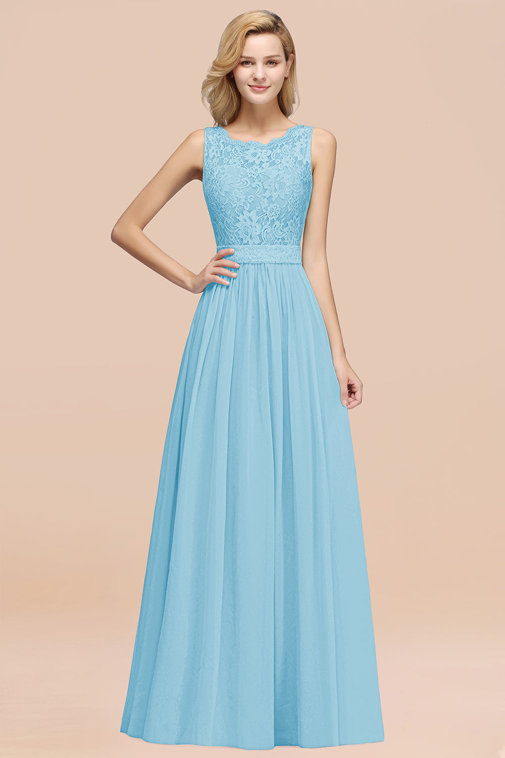 A-Line Lace Scalloped Chiffon Long Bridesmaid Dress with Ruffles-27Dress