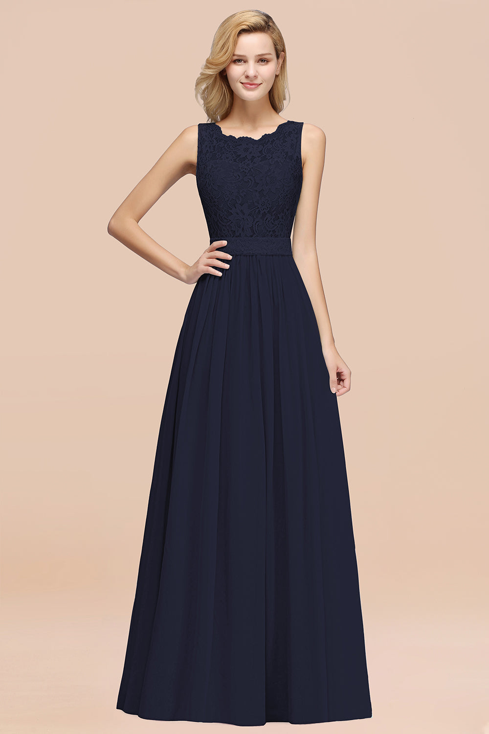 A-Line Lace Scalloped Chiffon Long Bridesmaid Dress with Ruffles-27Dress