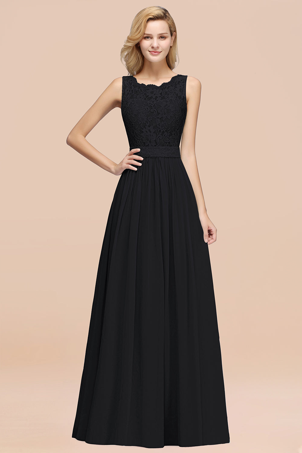 A-Line Lace Scalloped Chiffon Long Bridesmaid Dress with Ruffles-27Dress