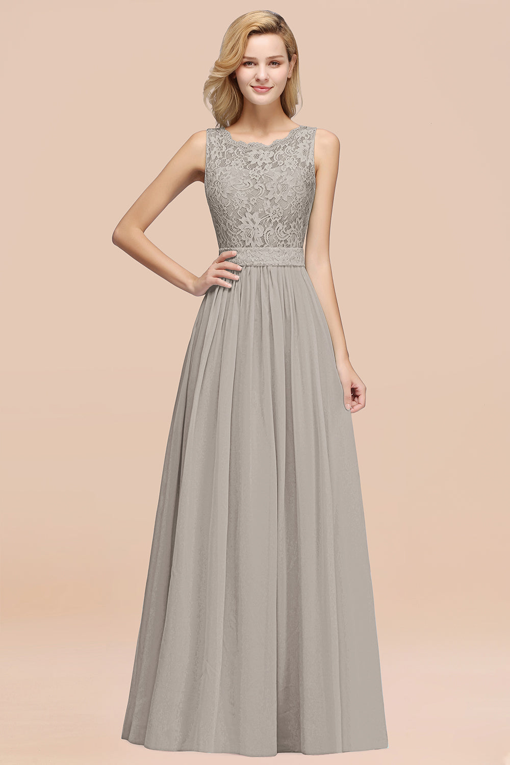 A-Line Lace Scalloped Chiffon Long Bridesmaid Dress with Ruffles-27Dress